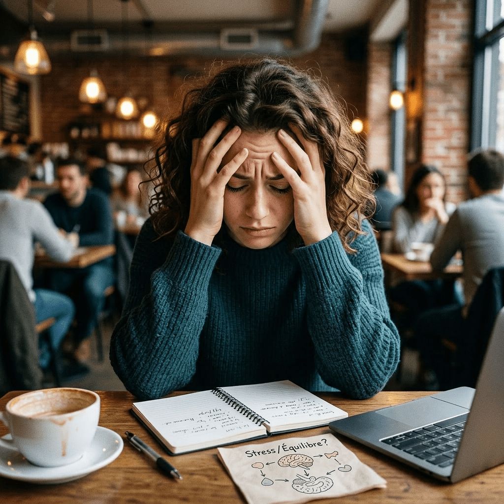 Woman holding head in hands looking stressed at table with coffee, notebook, and laptop